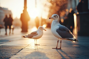 City sunset, two gulls on pavement, blurred people background, urban wildlife