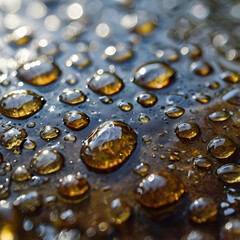 Water Droplets' Surface: Capturing an intimate macro view of water droplets, each one a tiny sphere of light, clinging delicately to a textured surface.