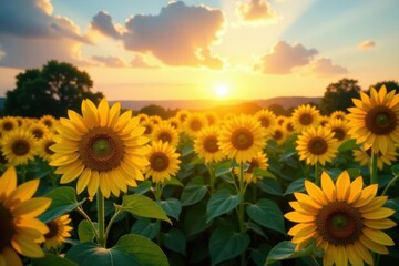 Fototapeta premium Golden hour sun bathes vibrant sunflowers, creating a stunning summer vista , aesthetic, warm