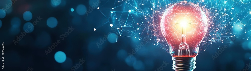 Poster Illuminating light bulb surrounded by a network of connected dots representing ideas and technological innovation