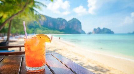 Refreshing beachside drinks enjoyed at a tropical resort on a sunny day by the shore