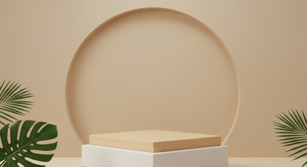 A square wooden podium sits against a beige backdrop with a circular cutout, surrounded by tropical green leaves 02