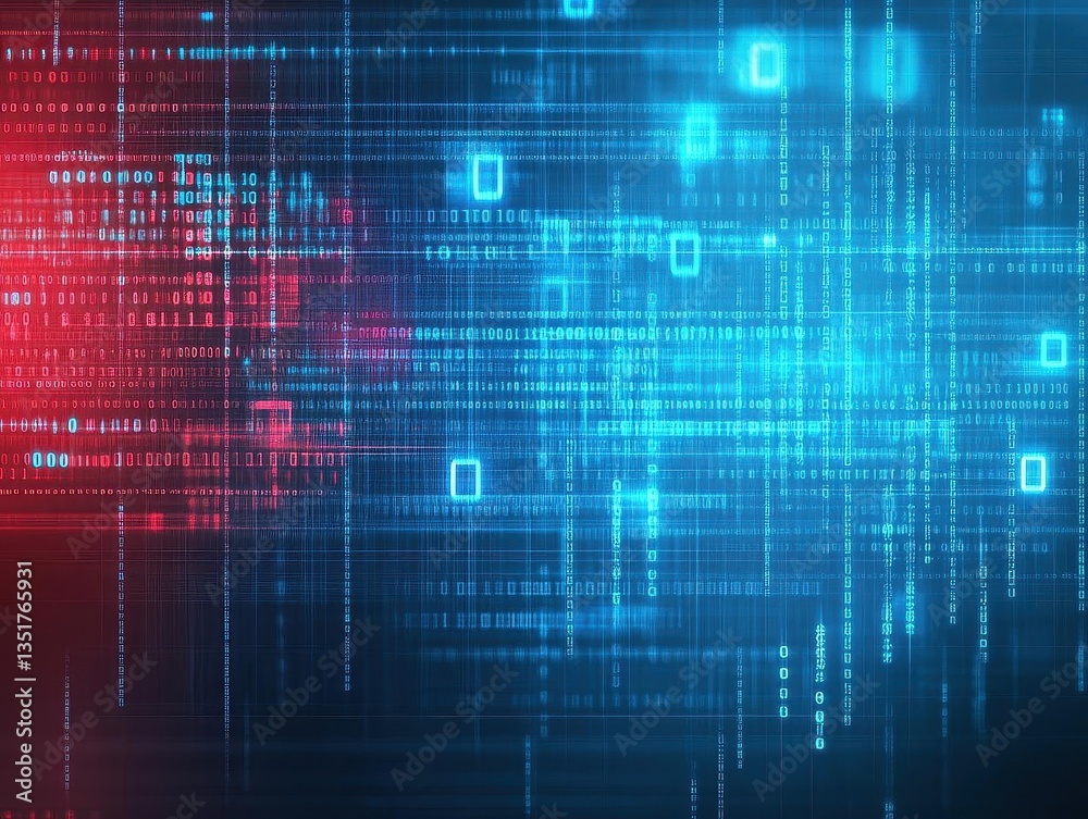Aufkleber Red and blue digital background featuring binary code elements creating a high-tech and futuristic visual appeal