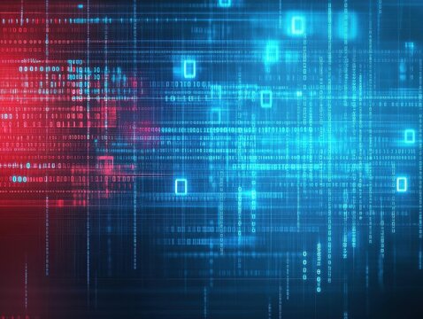 Red and blue digital background featuring binary code elements creating a high-tech and futuristic visual appeal