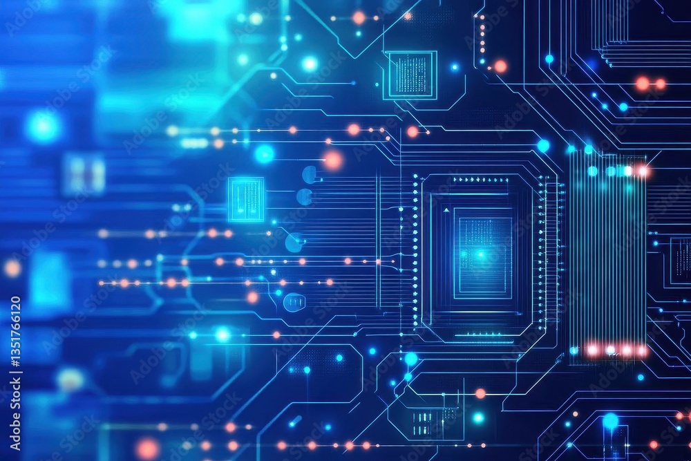 Poster circuit board design with a striking blue and orange background illustrating modern electronics and 