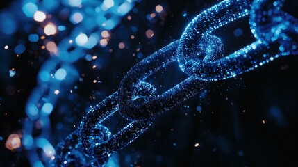 Futuristic blue glowing chain links in dark background, illustrating strength, connection, and technology in a modern digital concept
