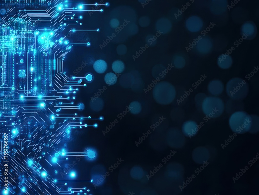 Poster abstract circuit board with bright blue lights highlighting intricate pathways of connectivity and m