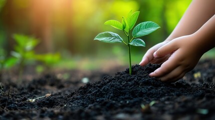 Child planting seedling in garden; nature background