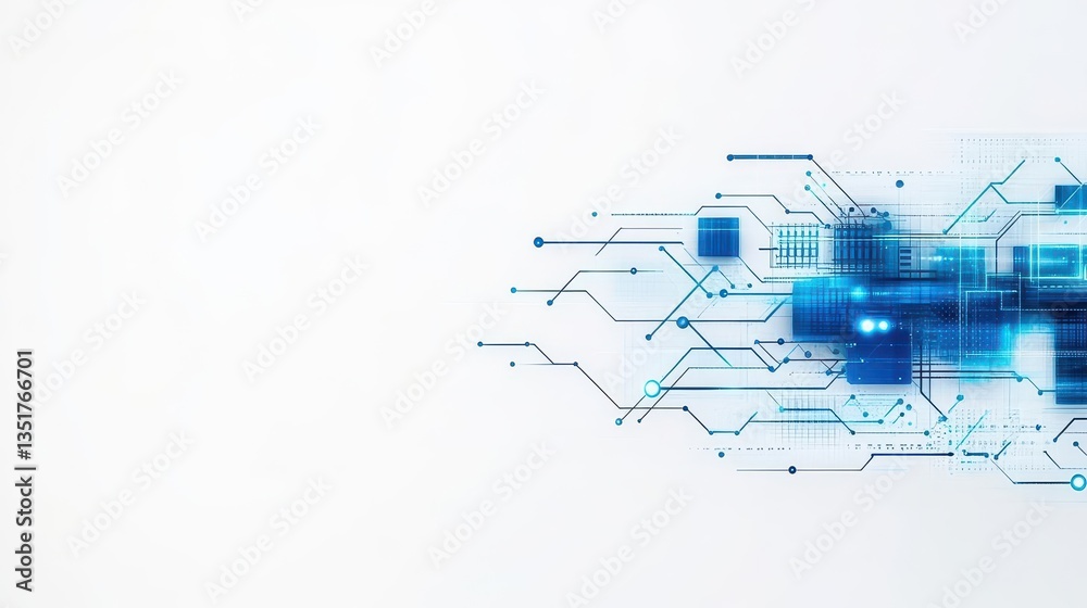 Poster abstract background with blue circuit lines and white accents creating a modern and futuristic digit