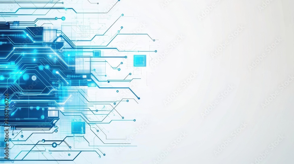 Poster Intricate blue and white circuit design with central component highlighting advanced digital technology concepts