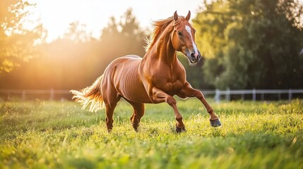 Obraz premium A golden palomino horse sprints across an emerald-green pasture at sunrise