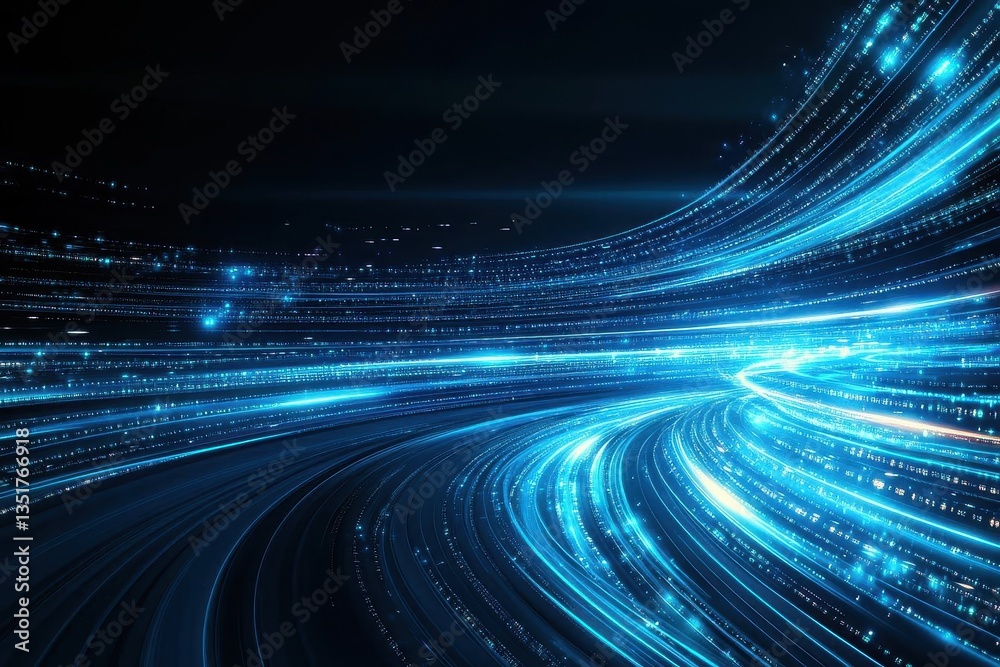 Aufkleber Dynamic tunnel scene with vibrant light trails conveying high speed and energy in an abstract blue setting