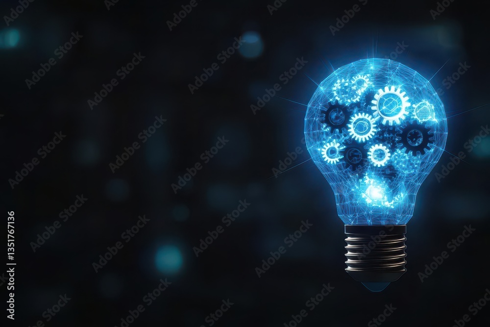 Poster innovative light bulb design with intricate gears inside symbolizing creativity and bright ideas in 