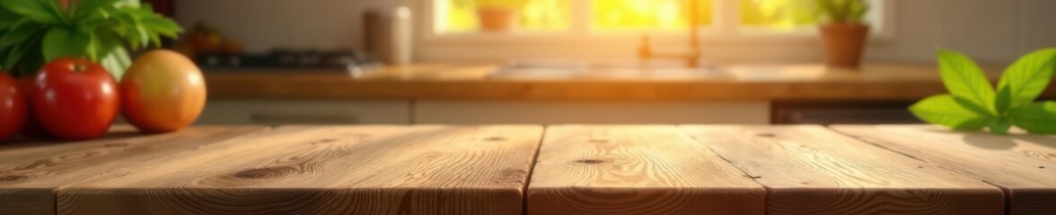 Rustic brown wood kitchen tabletop, bokeh background, sunlight flare , background, template