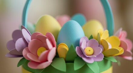 Fototapeta premium Colorful Easter basket filled with decorative eggs and flowers 