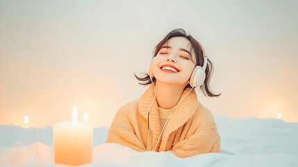 Naklejka premium Woman Relaxing for Listening Music, Cozy Home.