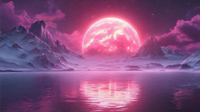 Pink other world, other planet landscape with big moon shine on wasteland
