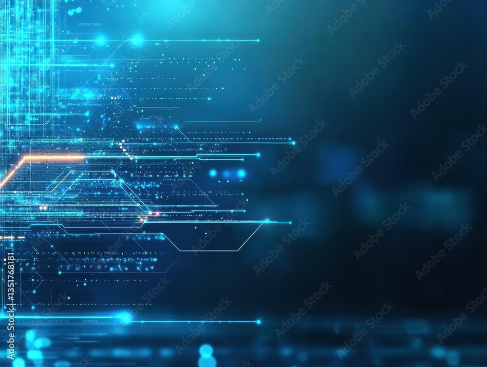 Poster detailed circuit design set against a bright blue background highlighting technology and digital inn