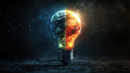 Earth as a lightbulb, divided by fire and ice, on a dark surface, symbolizing energy crisis