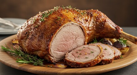 Roast leg of lamb garnished with herbs on wooden platter 