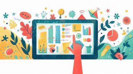 Hand interacting with tablet displaying colorful data visualizations; creative graphic elements in background