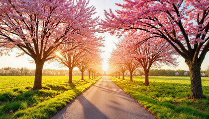 Obraz premium Blossoming cherry trees lining the pathway at sunrise, spring harmony
