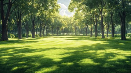 Obraz premium Sunny forest pathway, green grass, sunlight through trees