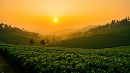 Obraz premium Beautiful Tea Plantation at Sunset with Warm Golden Hues