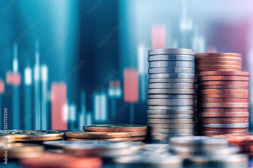Aufkleber coins arranged with a chart depicting financial analysis and economic trends in a business context