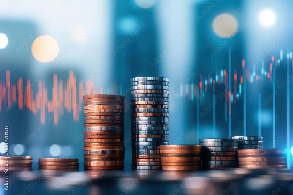 Poster stacks of coins representing financial growth and wealth accumulation in an abstract business settin