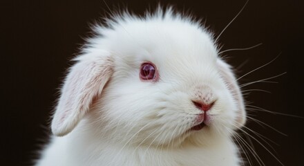 Obraz premium White fluffy rabbit with pink eyes on dark background 