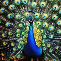 A majestic peacock displays its vibrant iridescent plumage in a stunning full-feather display showcasing intricate details of its dazzling blue green and gold tail feathers.