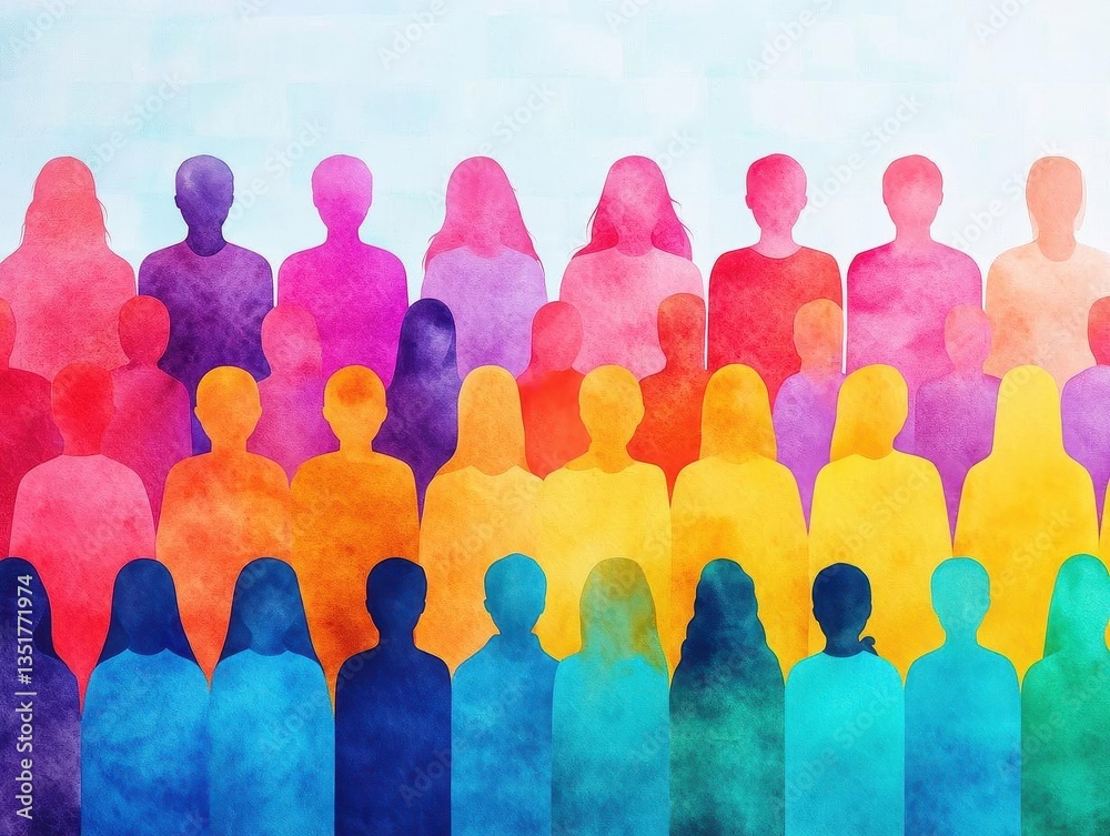 Poster A collective of individuals set against a colorful watercolor background emphasizing artistic expression and unity