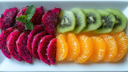 Colorful fruit slices display on white platter