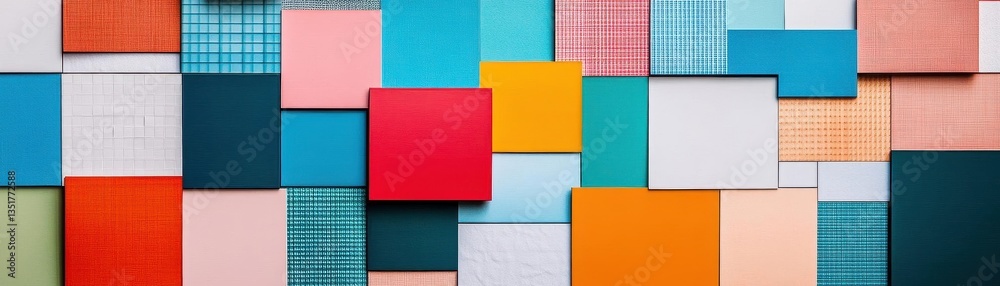 Poster Colorful wall of squares forming an abstract collage that creates a dynamic and engaging visual aesthetic for decoration