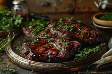 Grilled steaks on vintage platter, herbs, rustic setting