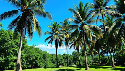 Obraz premium Lush Tropical Paradise with Swaying Palm Trees and Clear Blue Sky