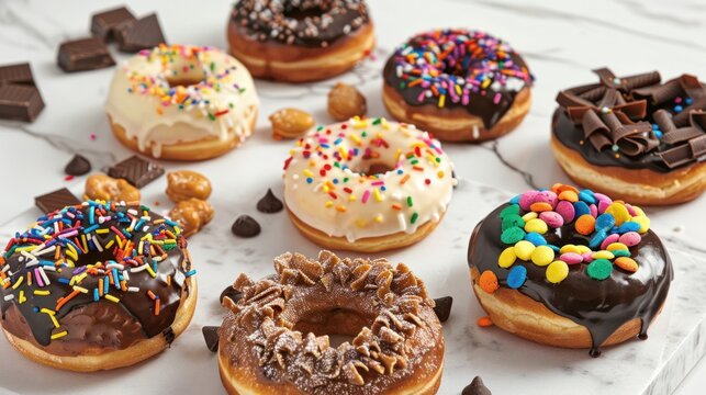 A delightful selection of donuts, each adorned with an array of toppings such as smooth chocolate, rainbow sprinkles, and vibrant, glossy icing. Ideal for showcasing desserts and bakery treats