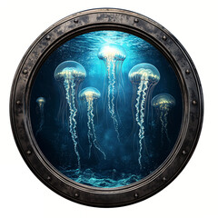 Group of jellyfish glowing underwater, seen through porthole