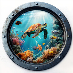 Sea turtle and colorful coral reef seen through a porthole