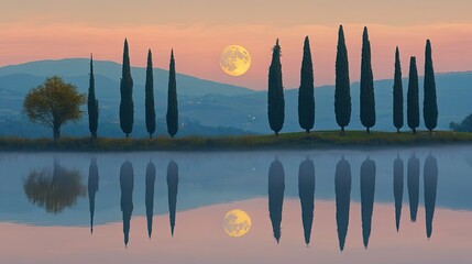 Fototapeta premium Tuscany Landscape With Tall Cypress Trees, Hills, Full Moon and Water Reflection