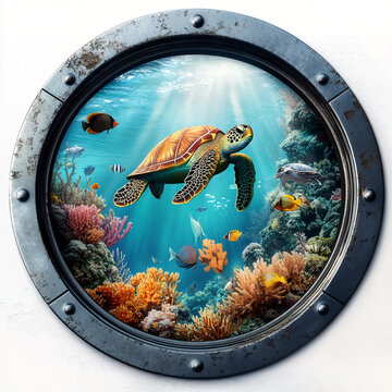 Fototapeta Sea turtle and colorful coral reef seen through a porthole