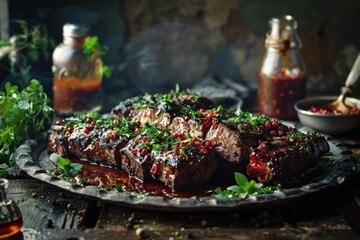 BBQ ribs, herbs, spices, rustic, and delicious