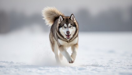 Naklejka premium Majestic Alaskan Malamute Dashing Across Snowy Field in Winter