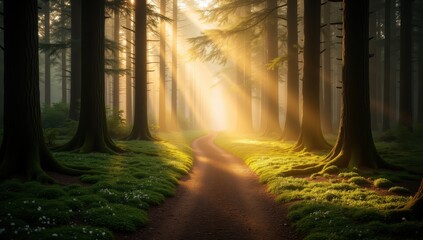 Magical Forest Pathway Bathed in Soft Morning Mist and Sunlight