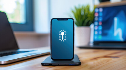 Close-up of smartphone screen showing software update progress bar, modern desk and laptop in background, technology and digital innovation concept.