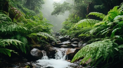 Fototapeta premium A river flowing gently through a thick, green tropical jungle
