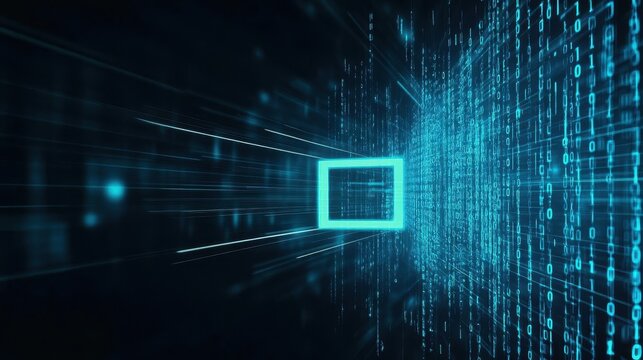 Abstract digital background with a dark blue backdrop highlighted by streams of binary code for a techy aesthetic