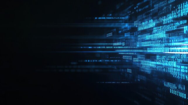 Dark blue abstract digital background displaying streams of binary code for technology and cybersecurity themes
