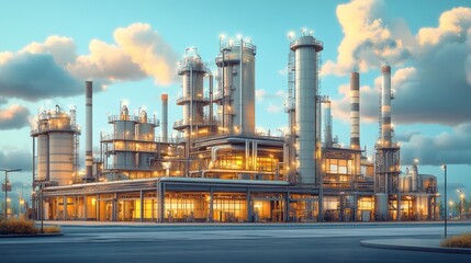 Refinery complex operating at sunset, industrial area